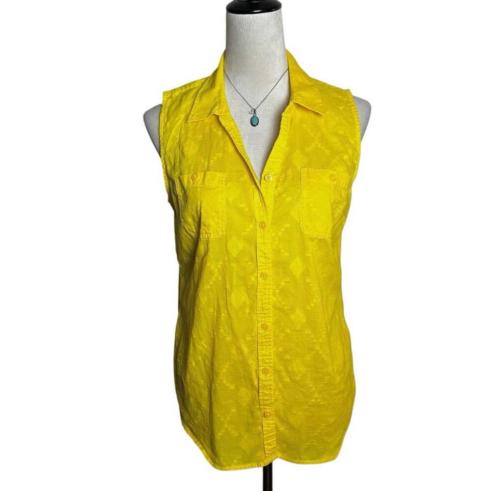 Studio Works‎ Bright Yellow Cotton Sleeveless Button Up Shirt M | Bold Vibrant